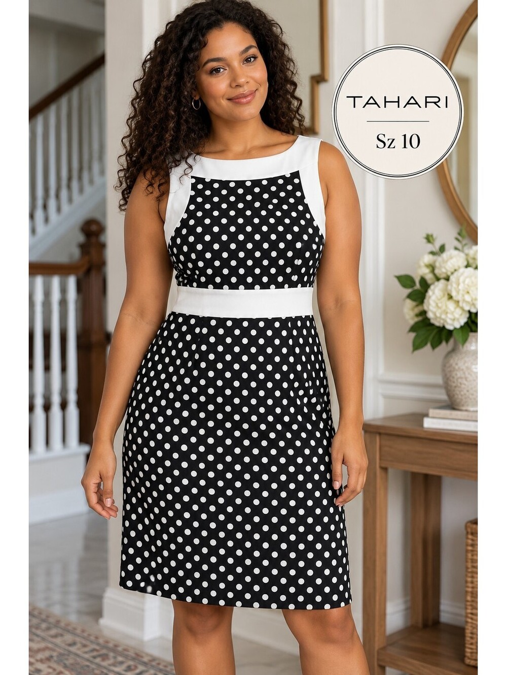 Tahari | 10 | Navy White Polka Dot Sleeveless Sheath Dress